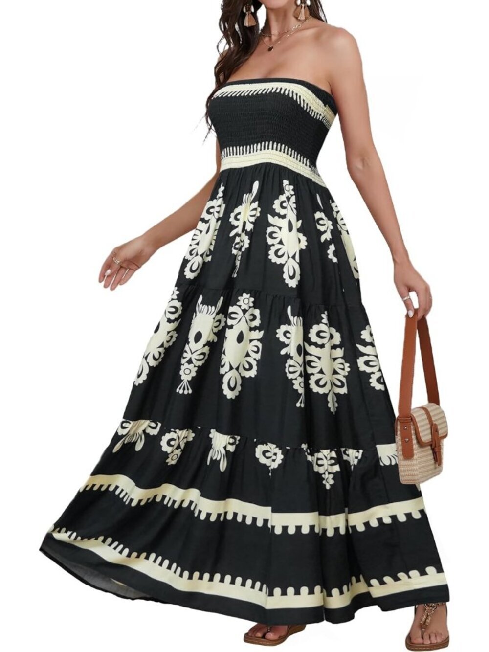 Women's Black White Strapless A Line Tube Top Backless Casual Sun Maxi Dress